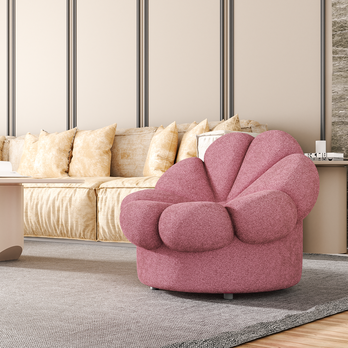 Rosewood Pink Mohair Blooming Flower Lazy Sofa E1006