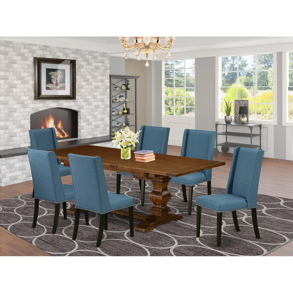 7 Piece Wood Dining Table Set with 6 Chairs V686404