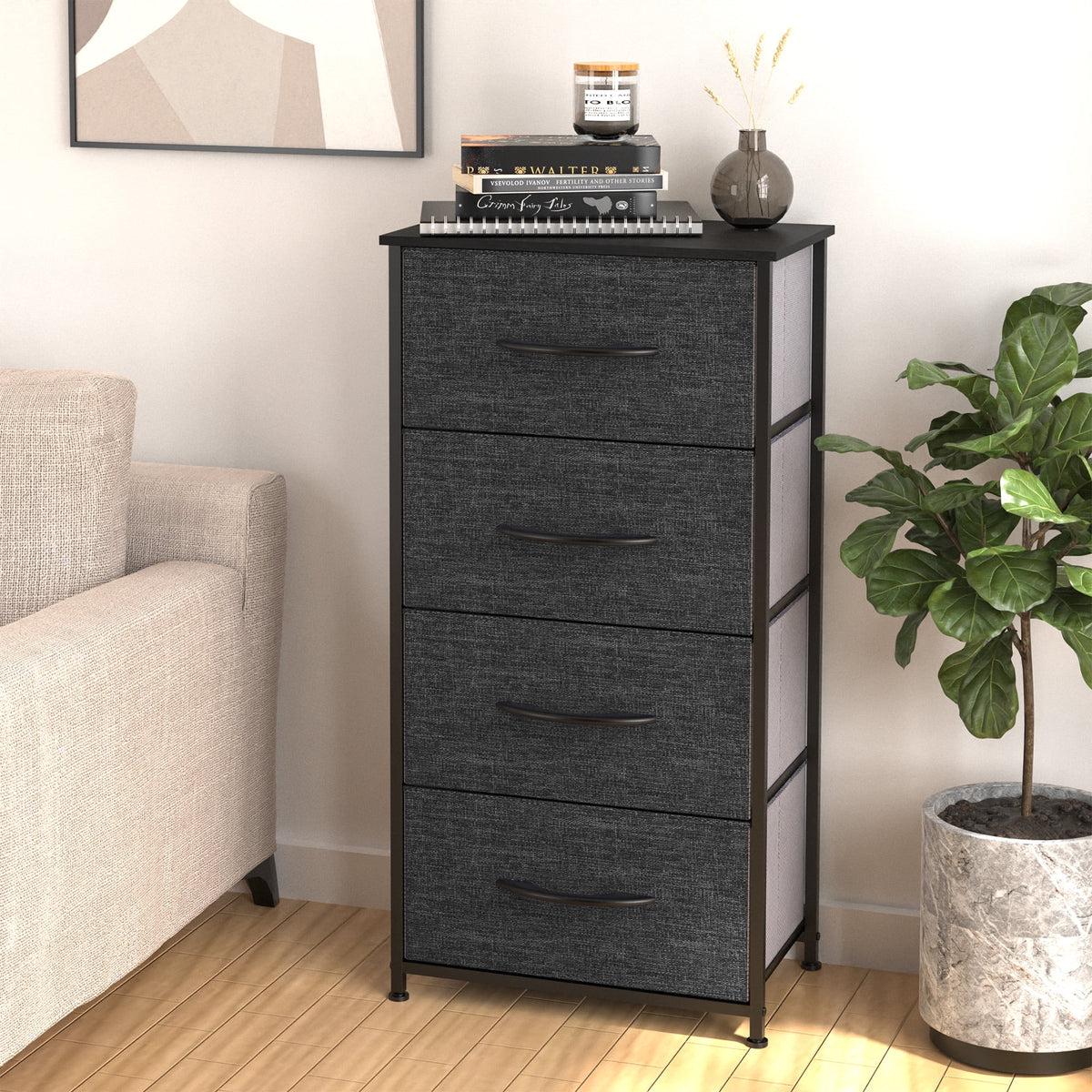 4 Drawers Dresser Storage Tower Black Grey E3423