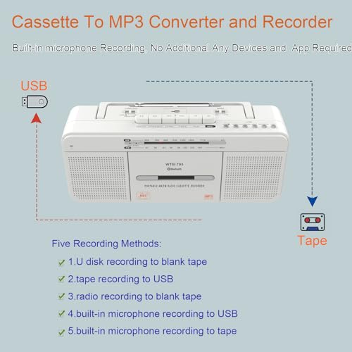 Cassette Player Recorder with Bluetooth, USB, AM/FM Radio Stereo, Portable N8373