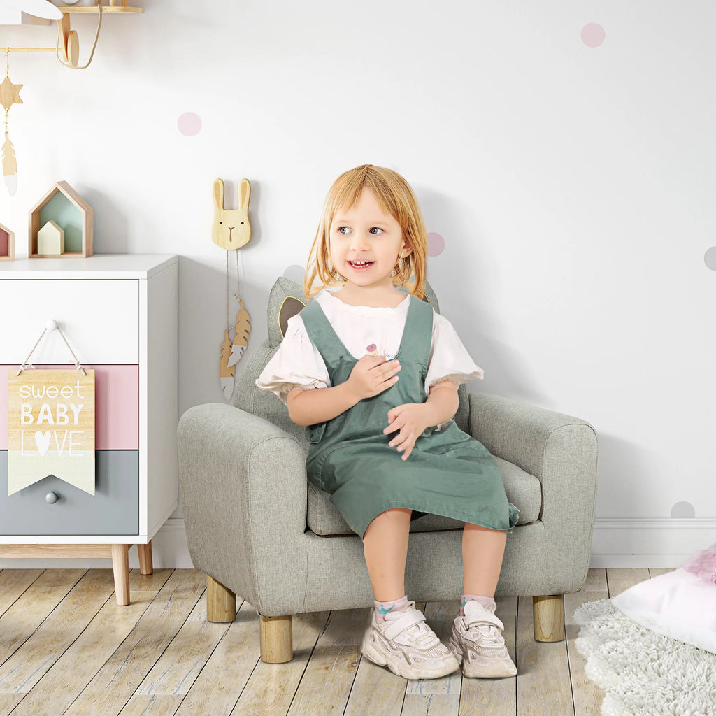 Grey Kids Sofa with Cat Ear Backrest and Wooden Legs P4125