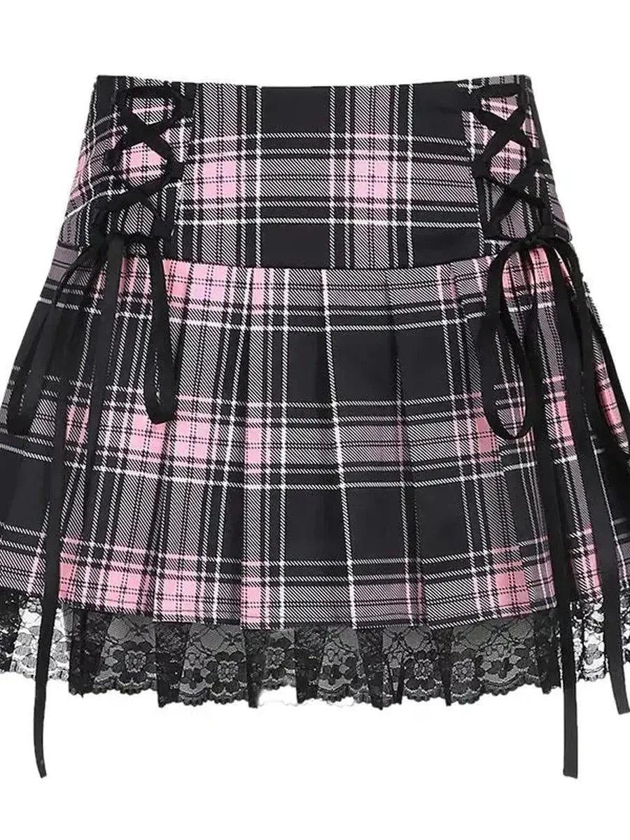 Pink Plaid Lace Skirt C96207