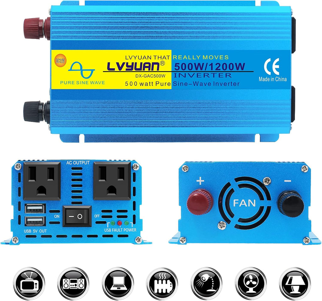 500W Pure Sine Wave Power Inverter DC 12V to 110V/120V AC Dual USB Charging Ports 2 AC Outlets Cigarette Lighter Plug Pack of 2 O463