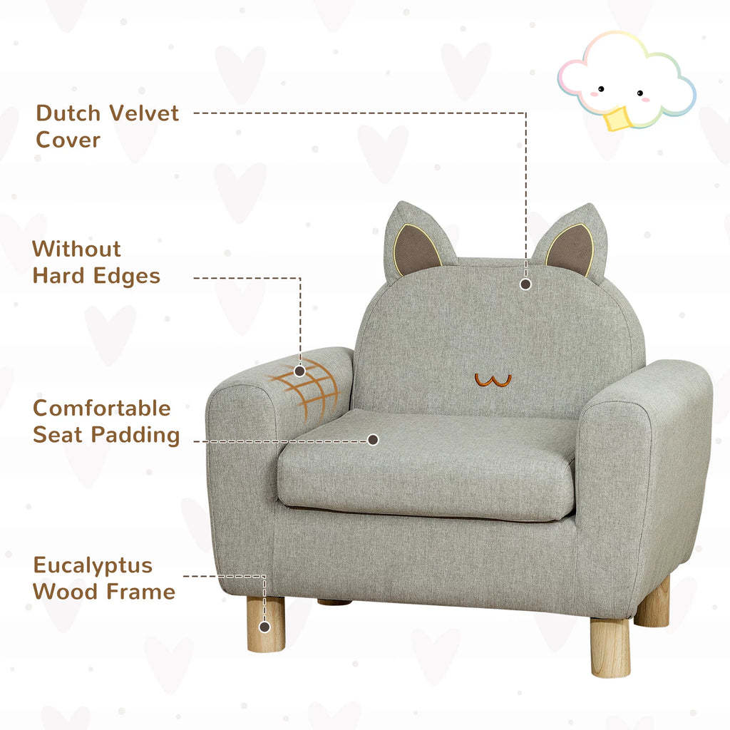 Grey Kids Sofa with Cat Ear Backrest and Wooden Legs P4125
