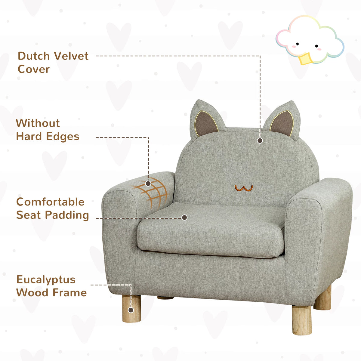 Grey Kids Sofa with Cat Ear Backrest and Wooden Legs P4125
