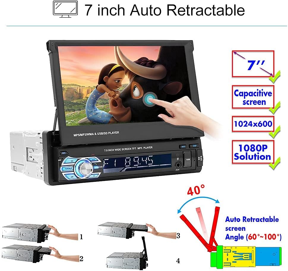 Single Din Car Stereo with Bluetooth, 7 Retractable Touch Screen Car Radio Receiver with Backup Camera T3139