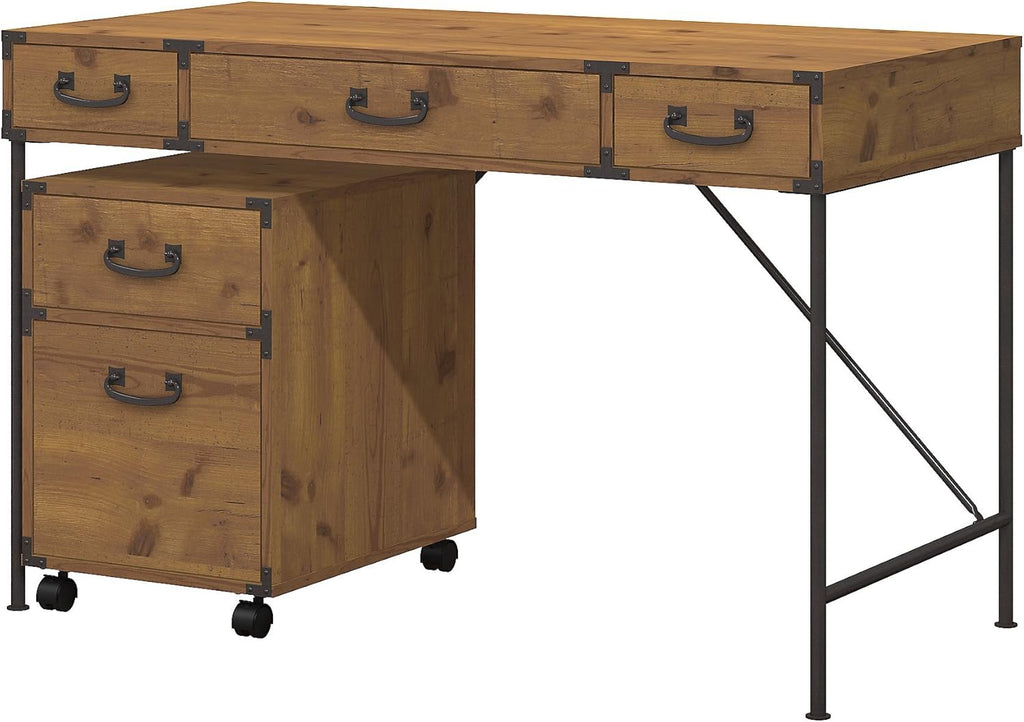 Vintage Golden Pine Writing Desk with 2 Drawer File Cabinet P50010