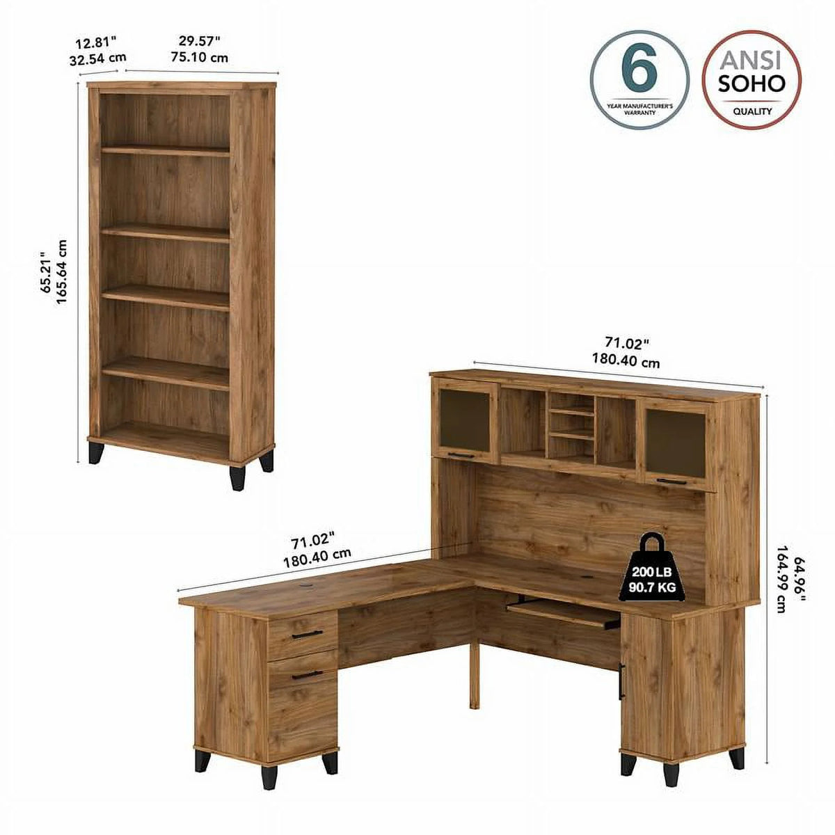 72W L Desk with Hutch and Bookcase in Fresh Walnut A509841