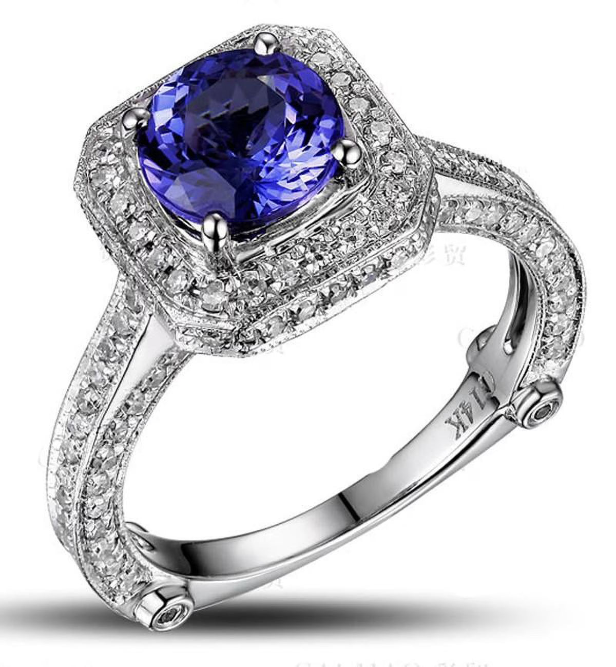 2 Carat Antique Halo Split Shank 6mm Round Cut Engagement Ring with Blue Sapphires and Moissanite in 10k White Gold V193343