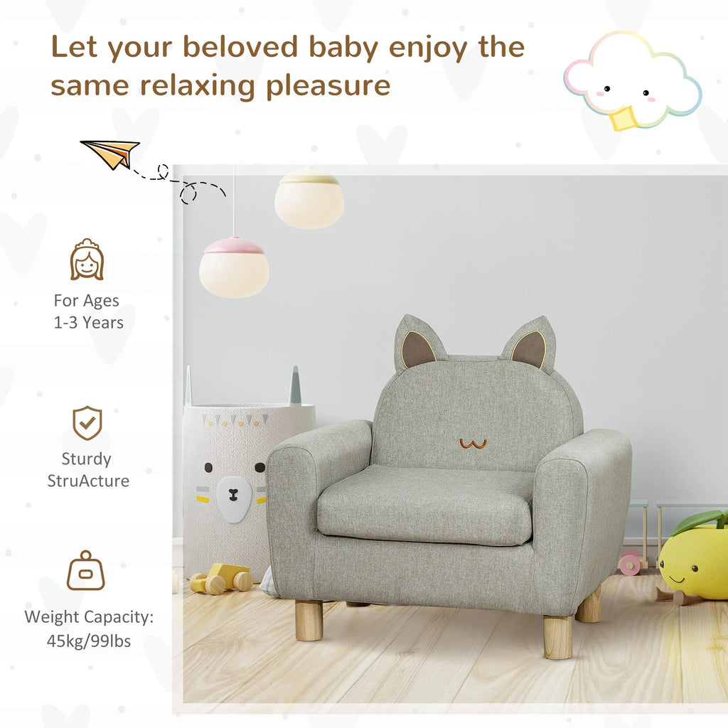 Grey Kids Sofa with Cat Ear Backrest and Wooden Legs P4125