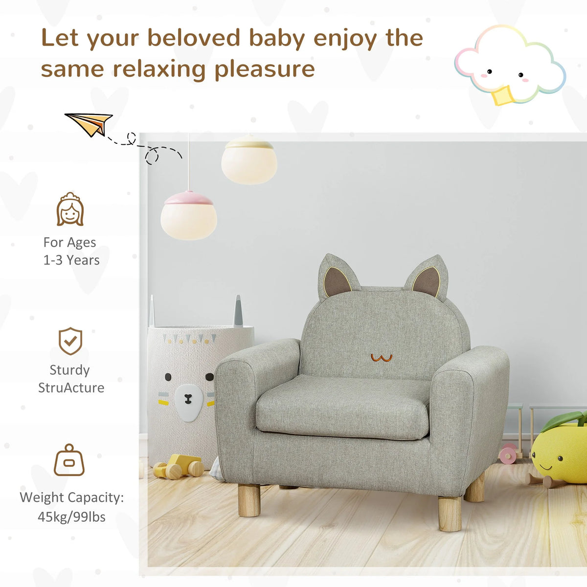 Grey Kids Sofa with Cat Ear Backrest and Wooden Legs P4125