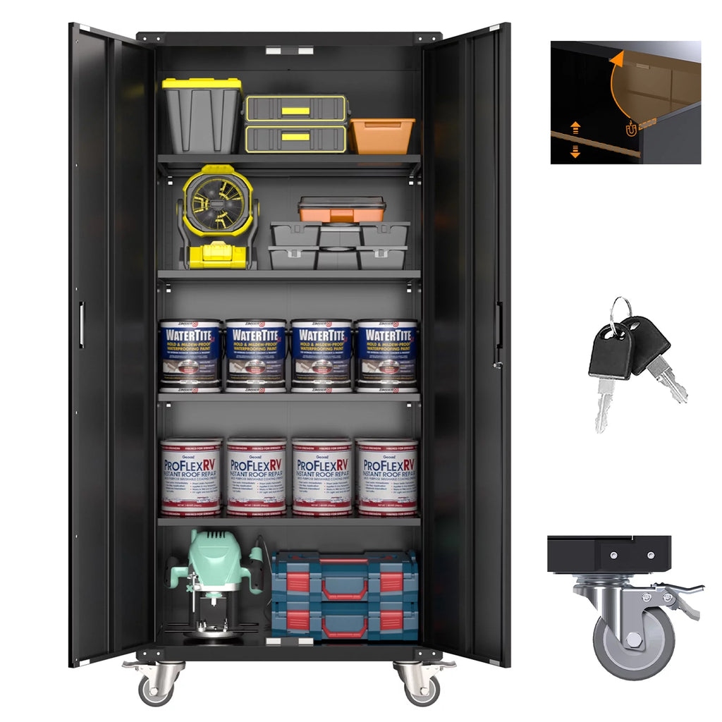 Metal Storage Cabinet with Lock, 72In Steel Storage Cabinet with Wheels, Black Y568464