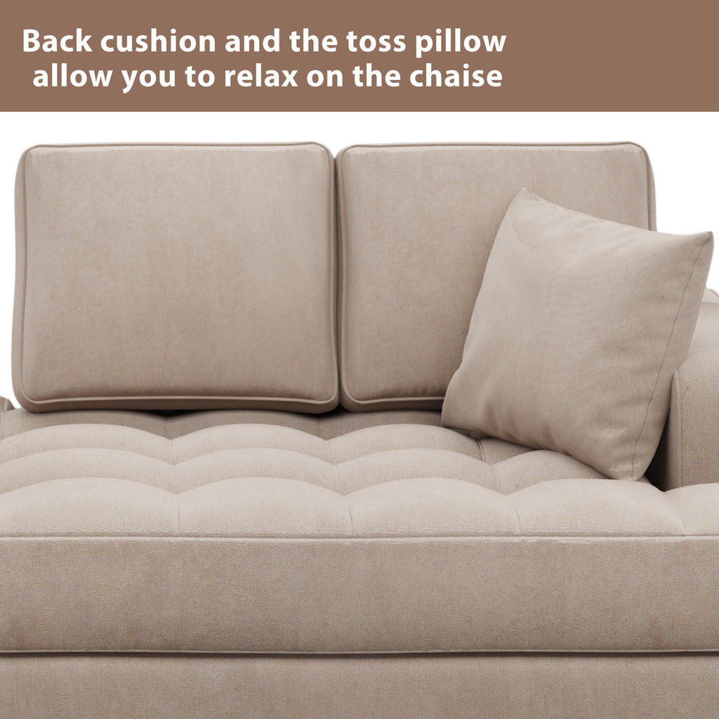 Warm Grey Tufted Fabric Chaise Lounge with Toss Pillow U297089