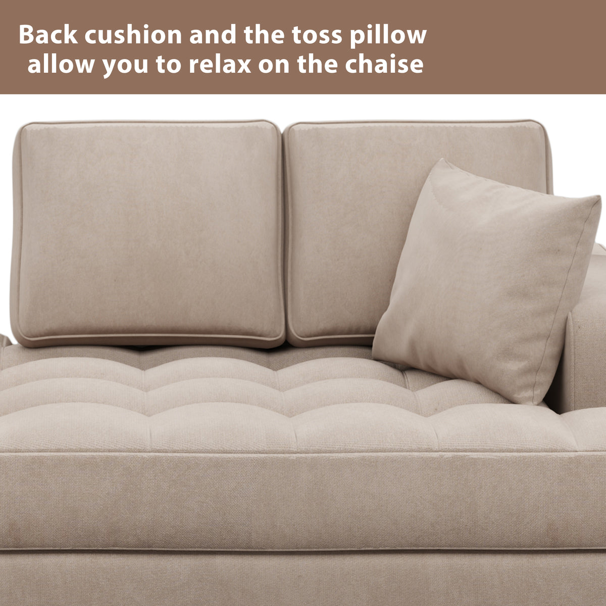 Warm Grey Tufted Fabric Chaise Lounge with Toss Pillow U297089