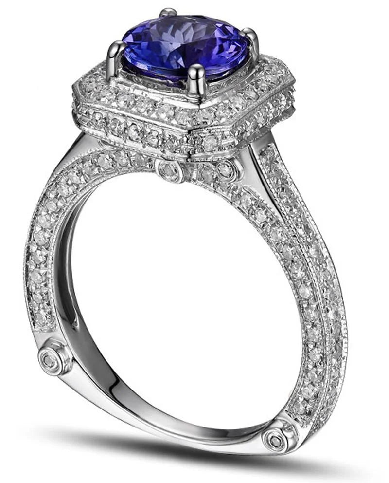 2 Carat Antique Halo Split Shank 6mm Round Cut Engagement Ring with Blue Sapphires and Moissanite in 10k White Gold V193343