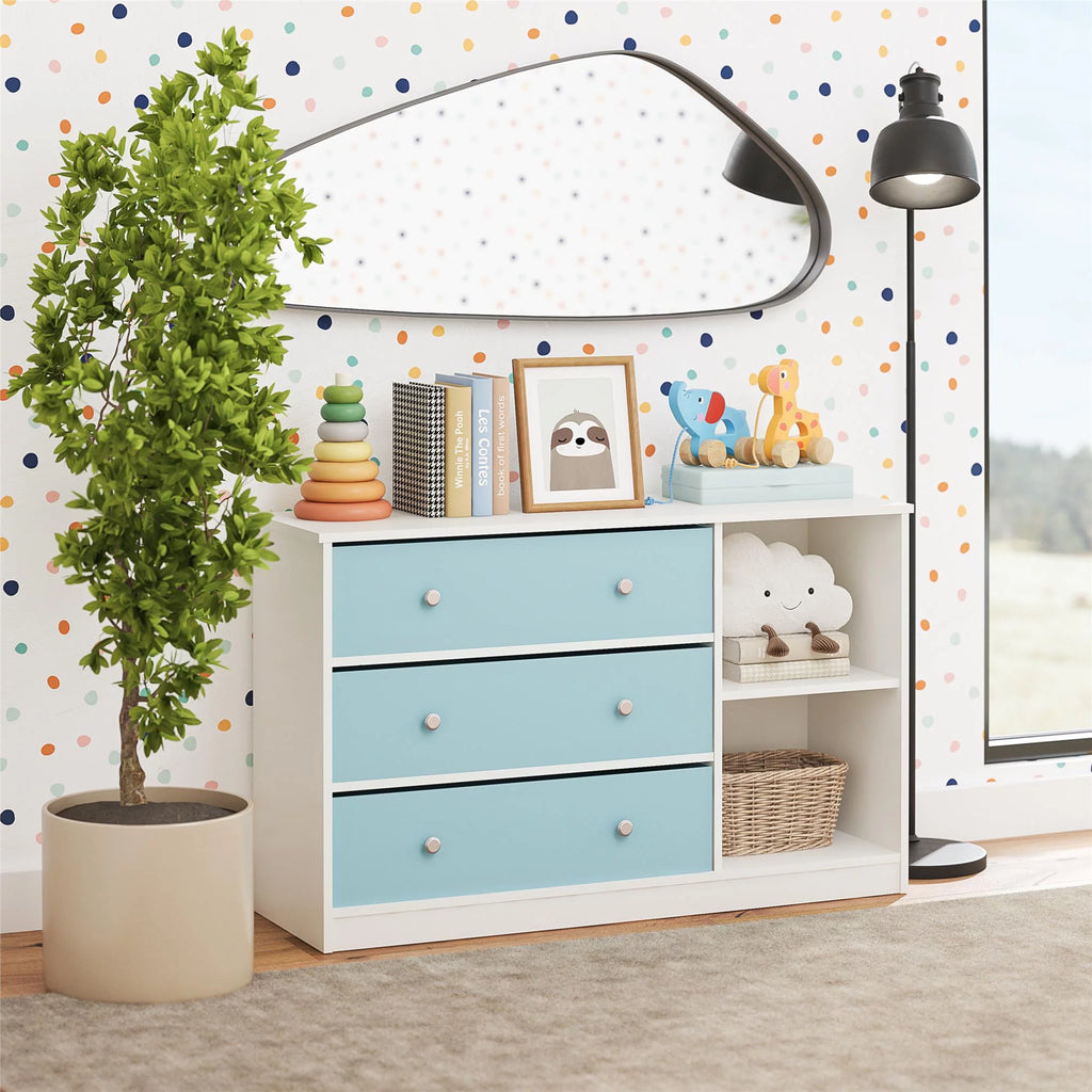 White Wide Dresser with 3 Fabric Bins N30046