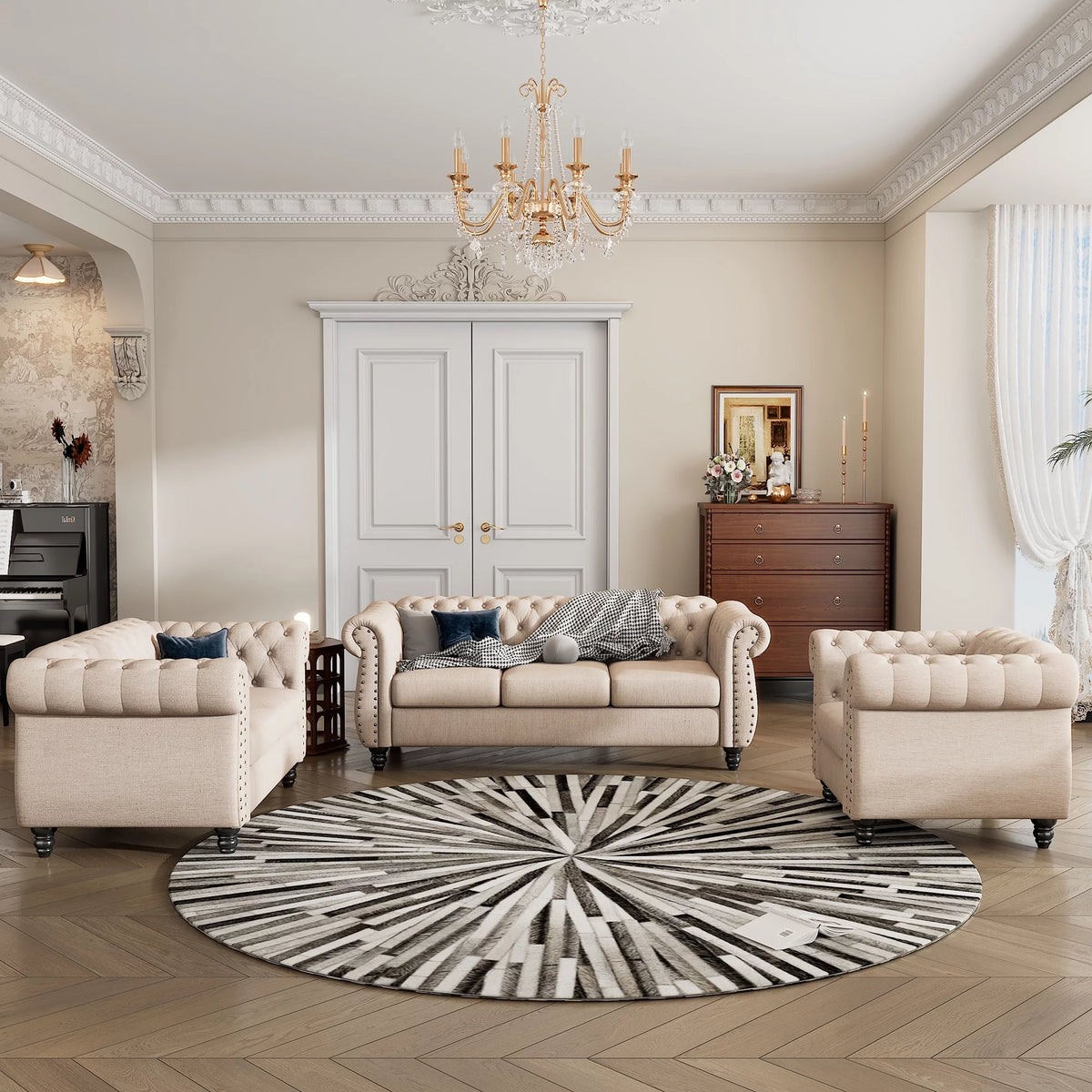 Dutch Velvet Tufted Sofa Set with Solid Wood Legs Q418