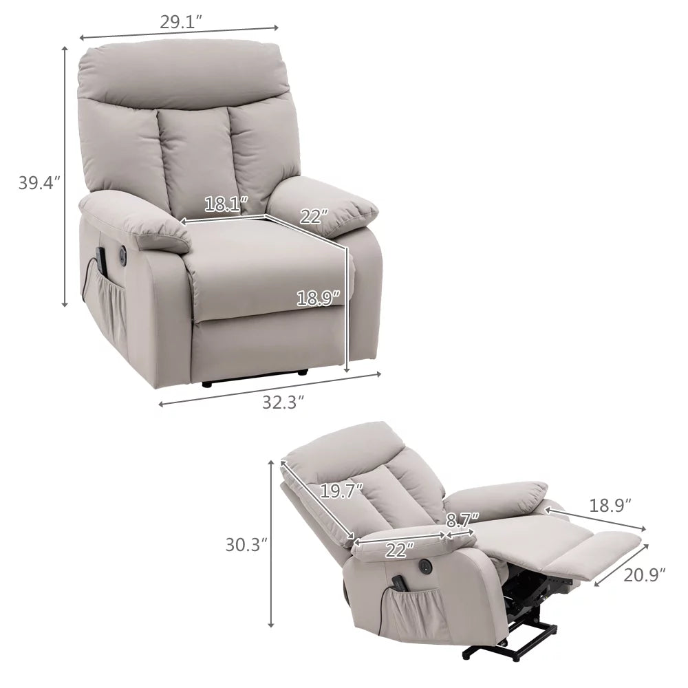 Electric Lift Recliner Massage Sofa Chair with Remote Control Silver White M761366