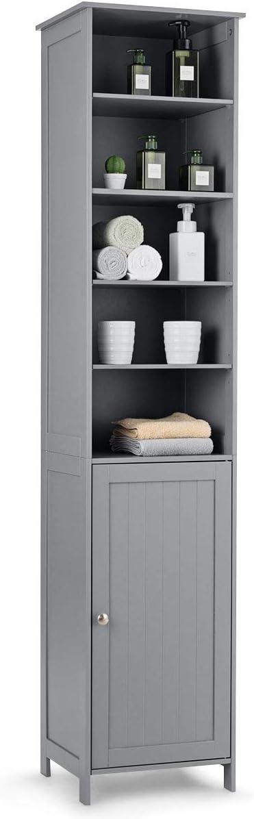 Gray Tall Bathroom Tower Cabinet with Adjustable Shelves B588618