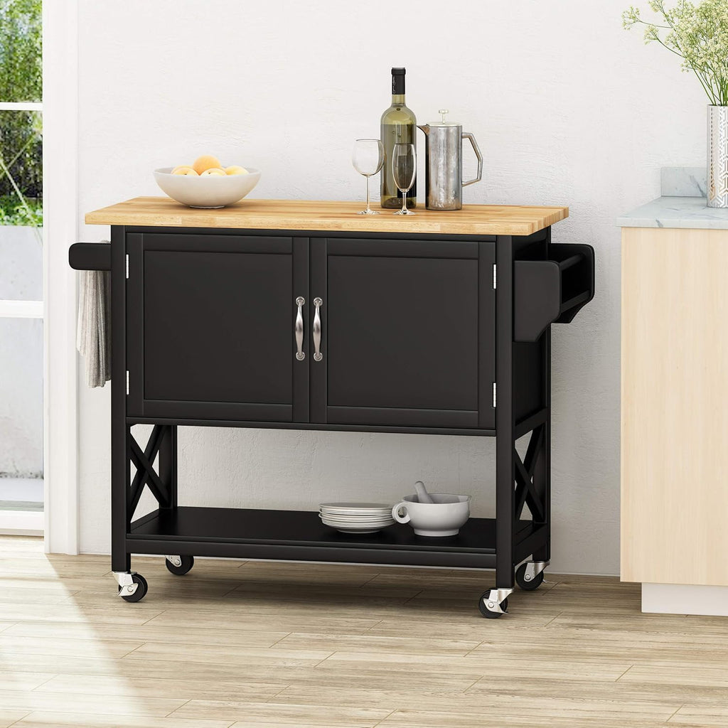 Black Natural Kitchen Cart with Wheels M56316