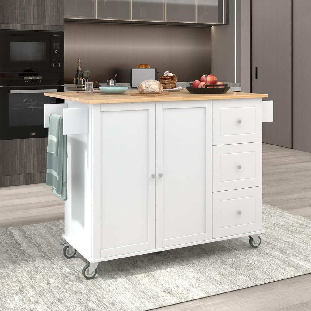 White Kitchen Island with 3 Drawers and Rolling Cart I6107