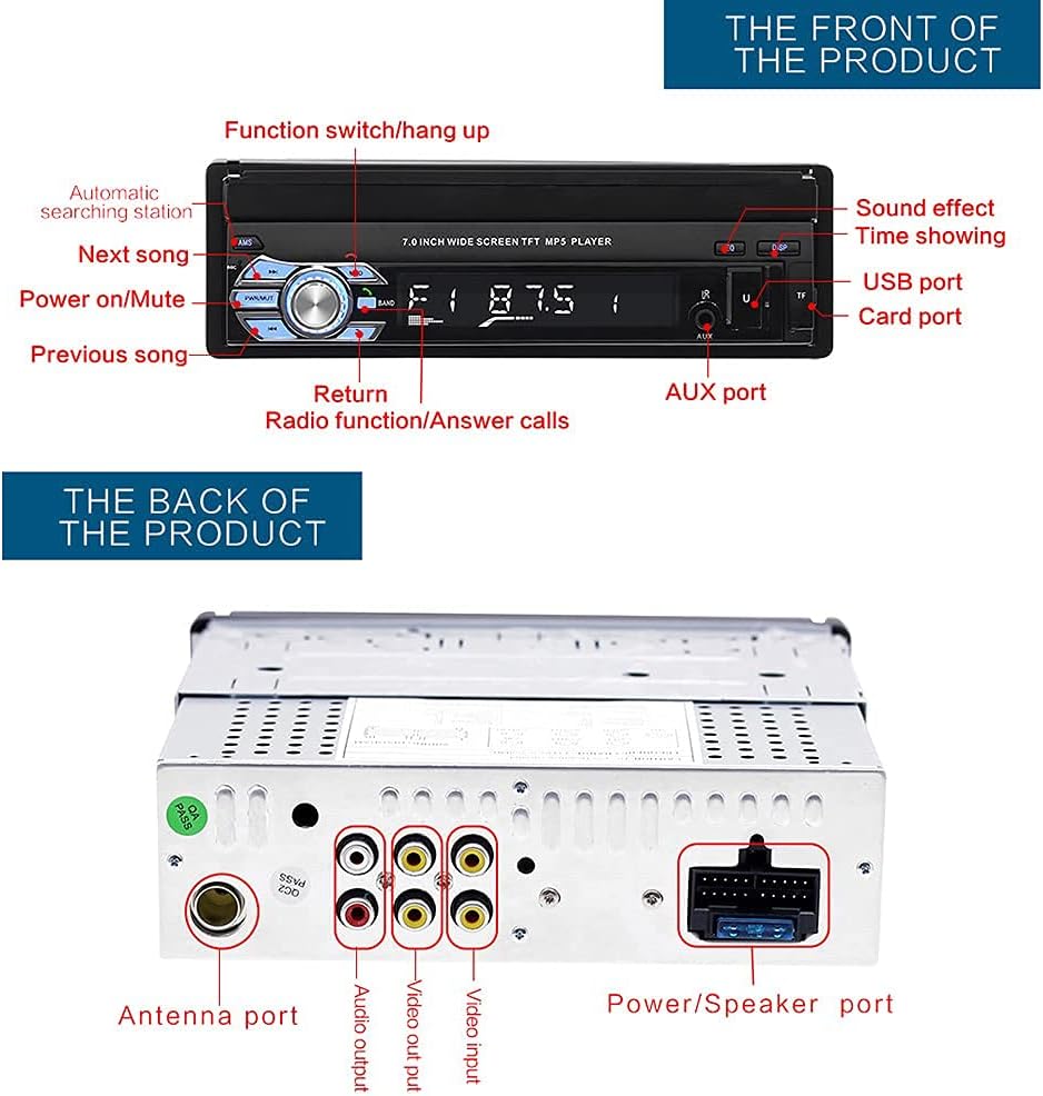 Single Din Car Stereo with Bluetooth, 7 Retractable Touch Screen Car Radio Receiver with Backup Camera T3139