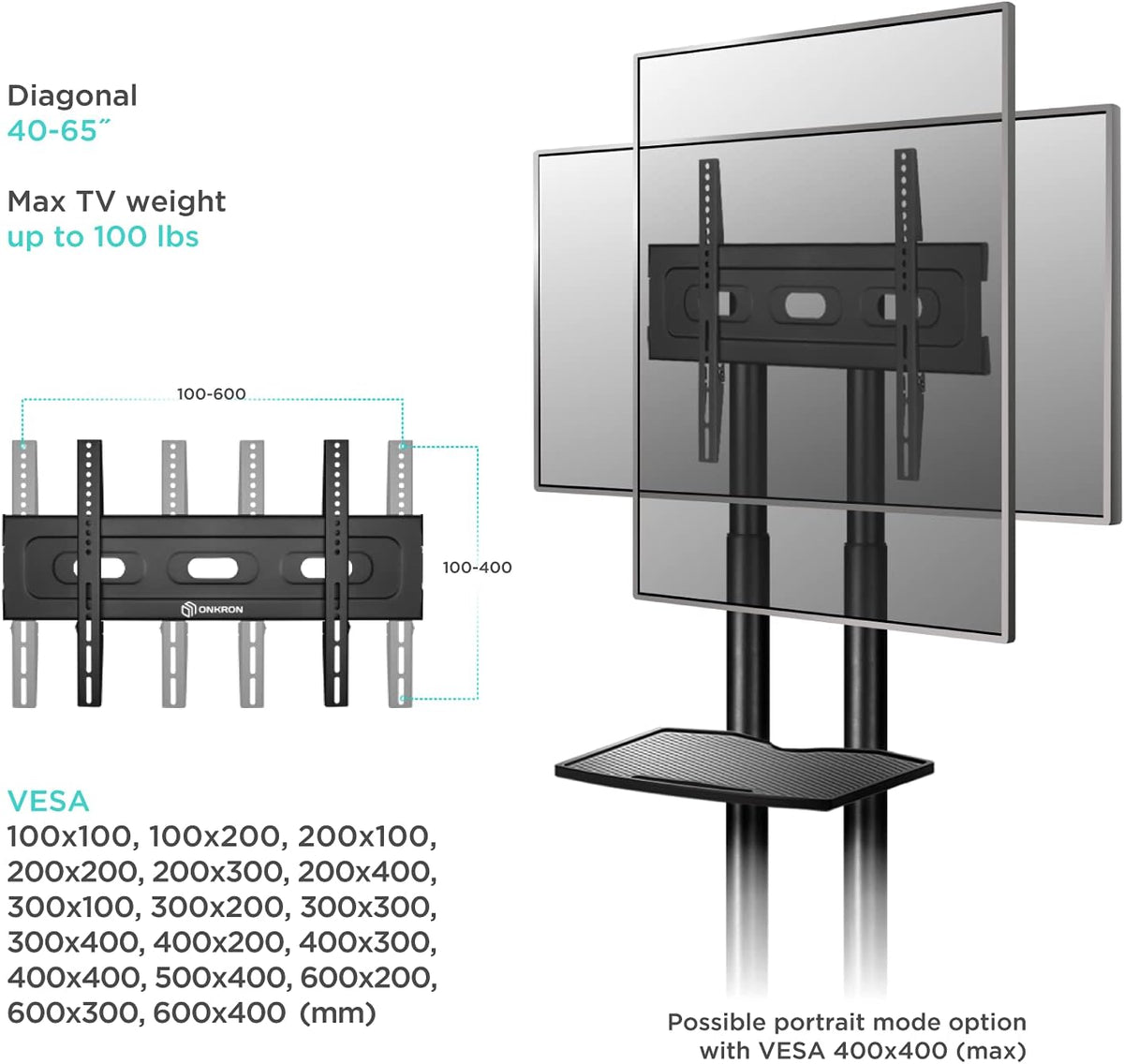 Mobile TV Stand Rolling TV Cart for 40 to 65 Inch LCD LED TV Screens with Wheels Shelves L92888