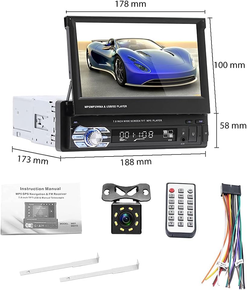Single Din Car Stereo with Bluetooth, 7 Retractable Touch Screen Car Radio Receiver with Backup Camera T3139