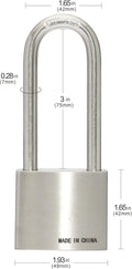 304 Stainless Steel Keyed Alike Padlocks, Pin Tumbler, 2 inch Wide Body, Long Shackle, Pack of 4 M303522