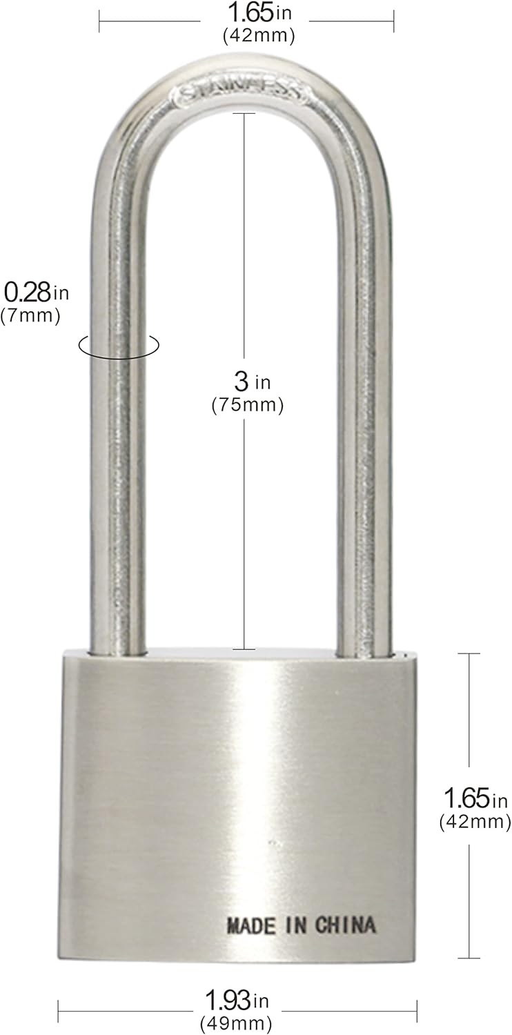 304 Stainless Steel Keyed Alike Padlocks, Pin Tumbler, 2 inch Wide Body, Long Shackle, Pack of 4 M303522
