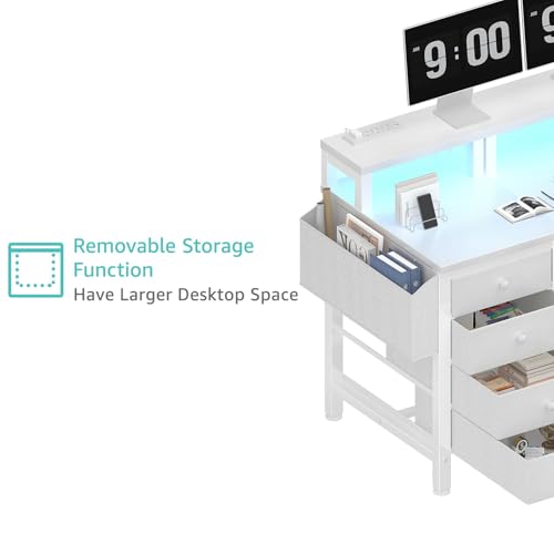47 inch Gaming Desk with LED Lights and Power Outlets and Fabric Drawers O3340