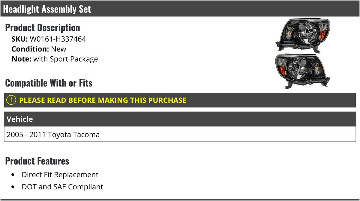 Headlight Assembly Set Compatible with 2005-2011 Toyota Tacoma A147459