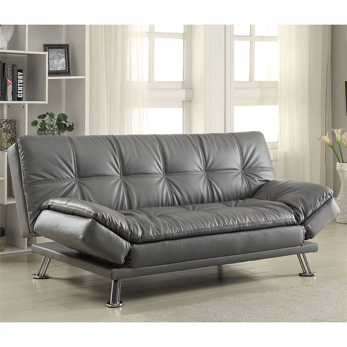 Dark Gray Faux Leather Tufted Sleeper Sofa R8964