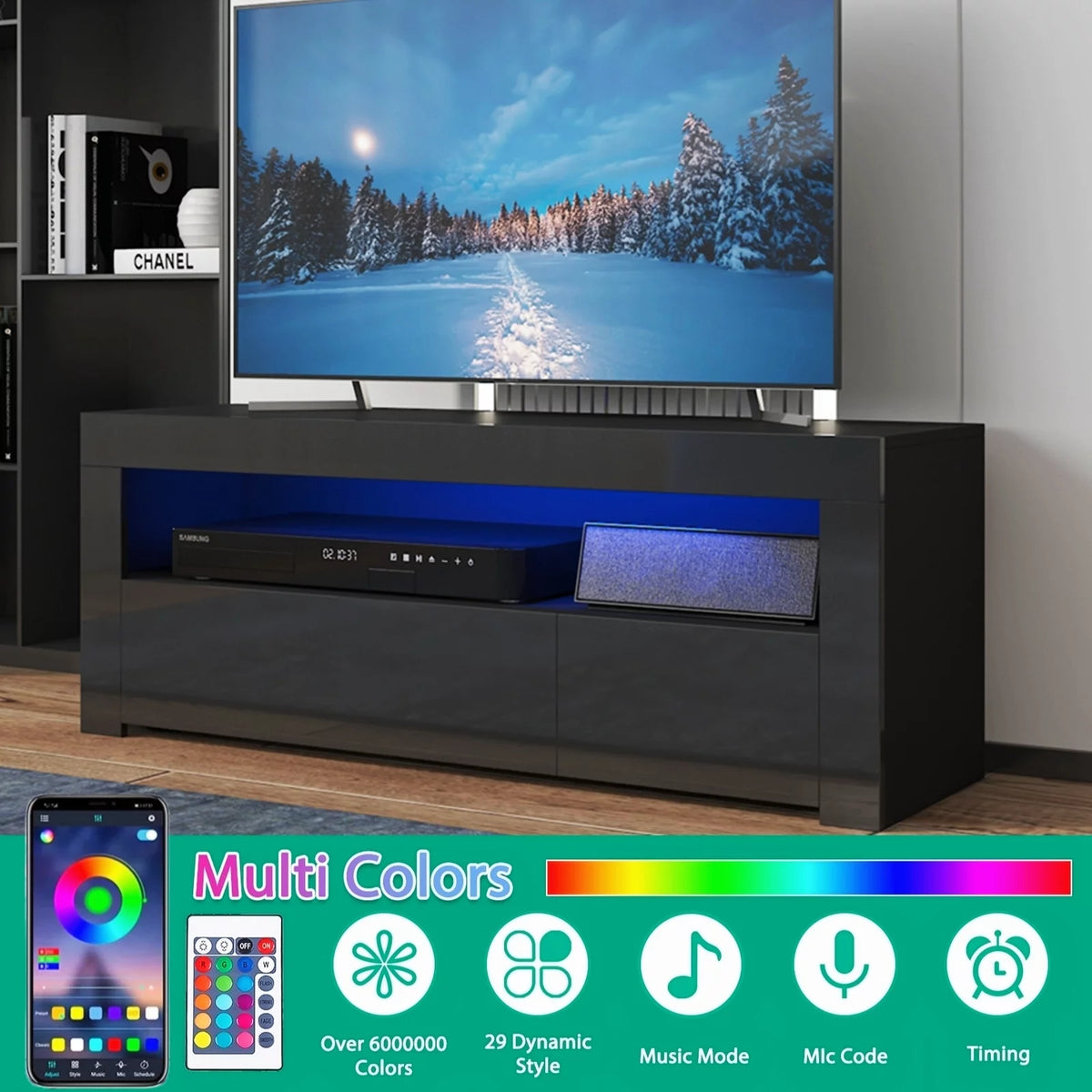 High Gloss TV Stand with LEDs for TVs up to 55 inch 2 Drawers Black Z1605