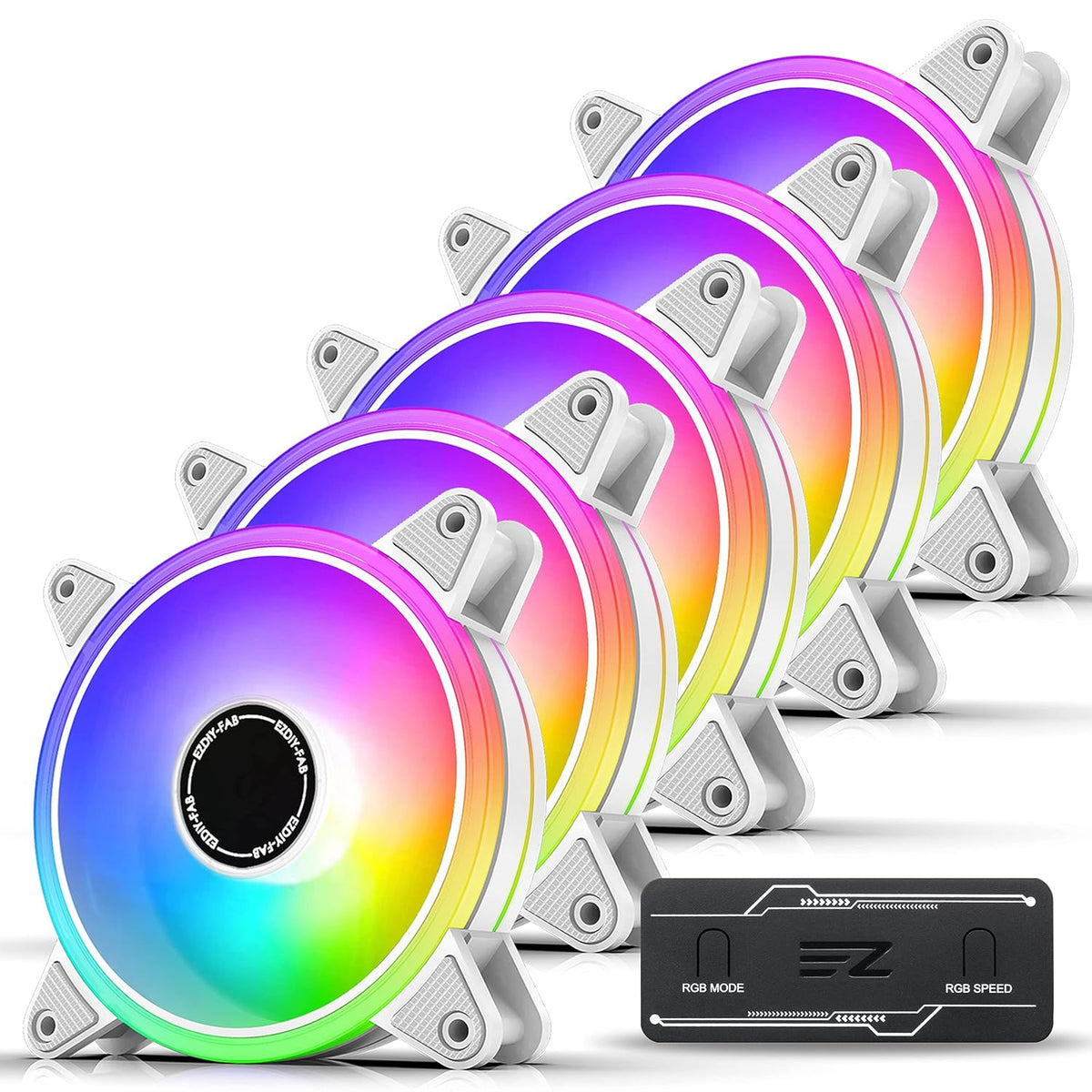 White 120mm RGB PWM Case Fan with Fan Hub, 5 Pack Q9046
