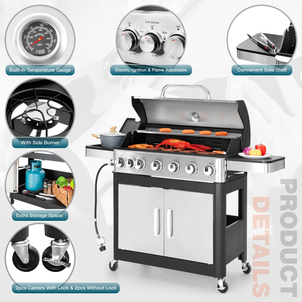 6 Burner Propane Gas Grill with Side Burner Stainless Steel T310