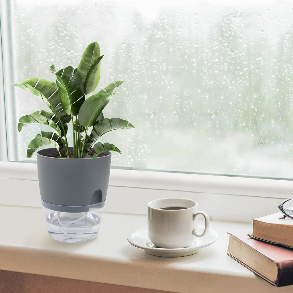 6 Pack Grey Plastic Self Watering Plant Pot Y14090