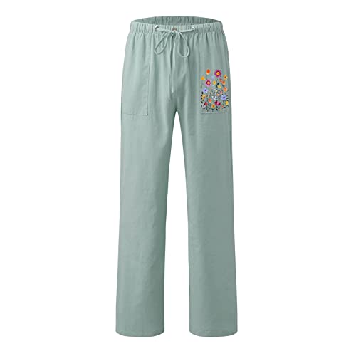 Linen Pants with Pockets Elastic High Waist I5995