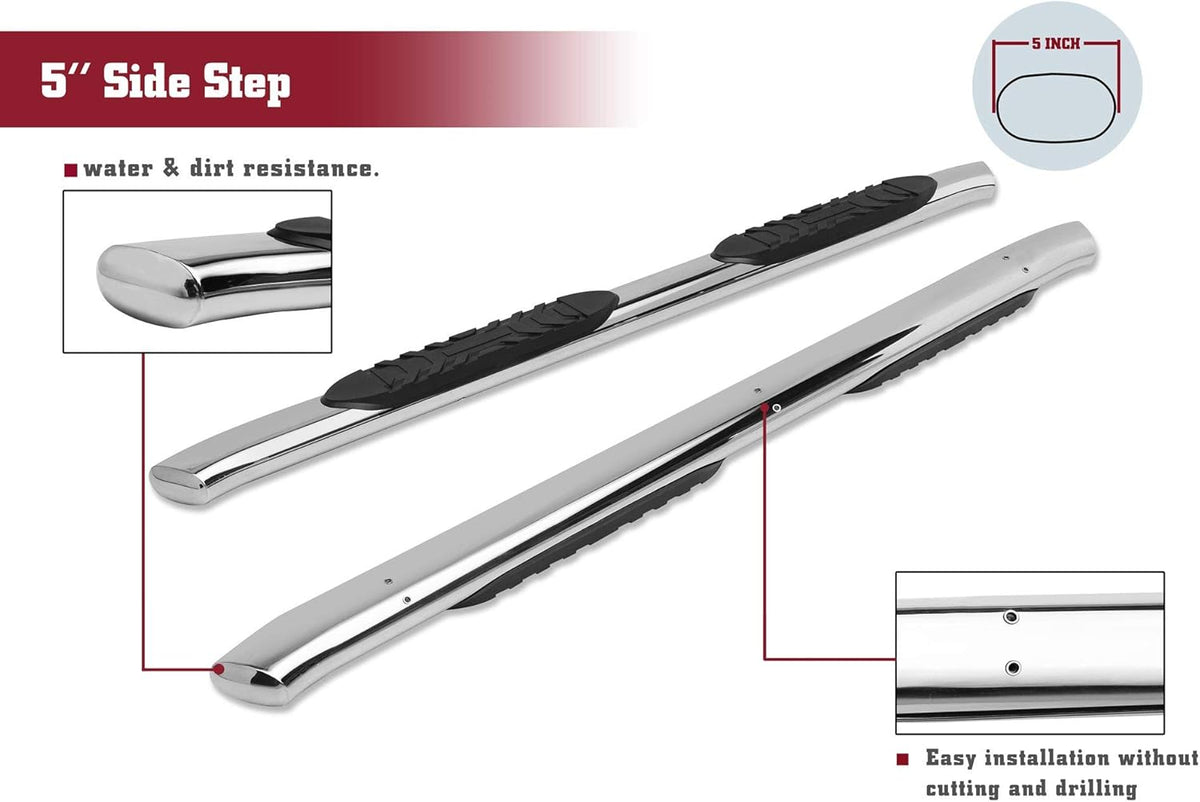 5 Oval Bend Stainless Steel Side Bars Step Rails for 2019-2022 Ford Ranger SuperCrew Cab (2 pcs) Z550
