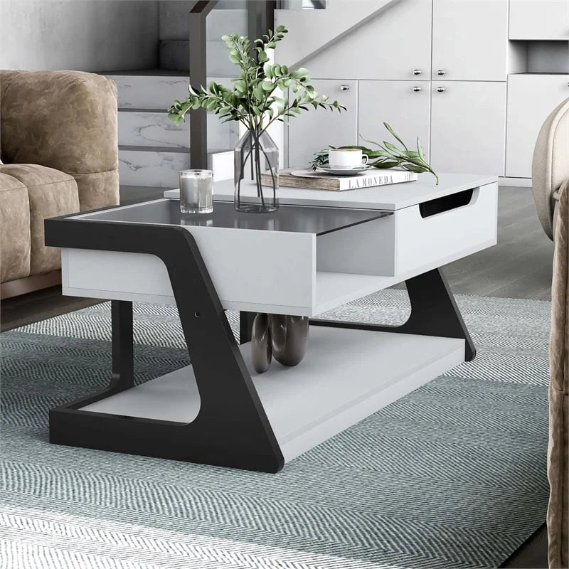 White Wood Lift-Top Storage Coffee Table D5978