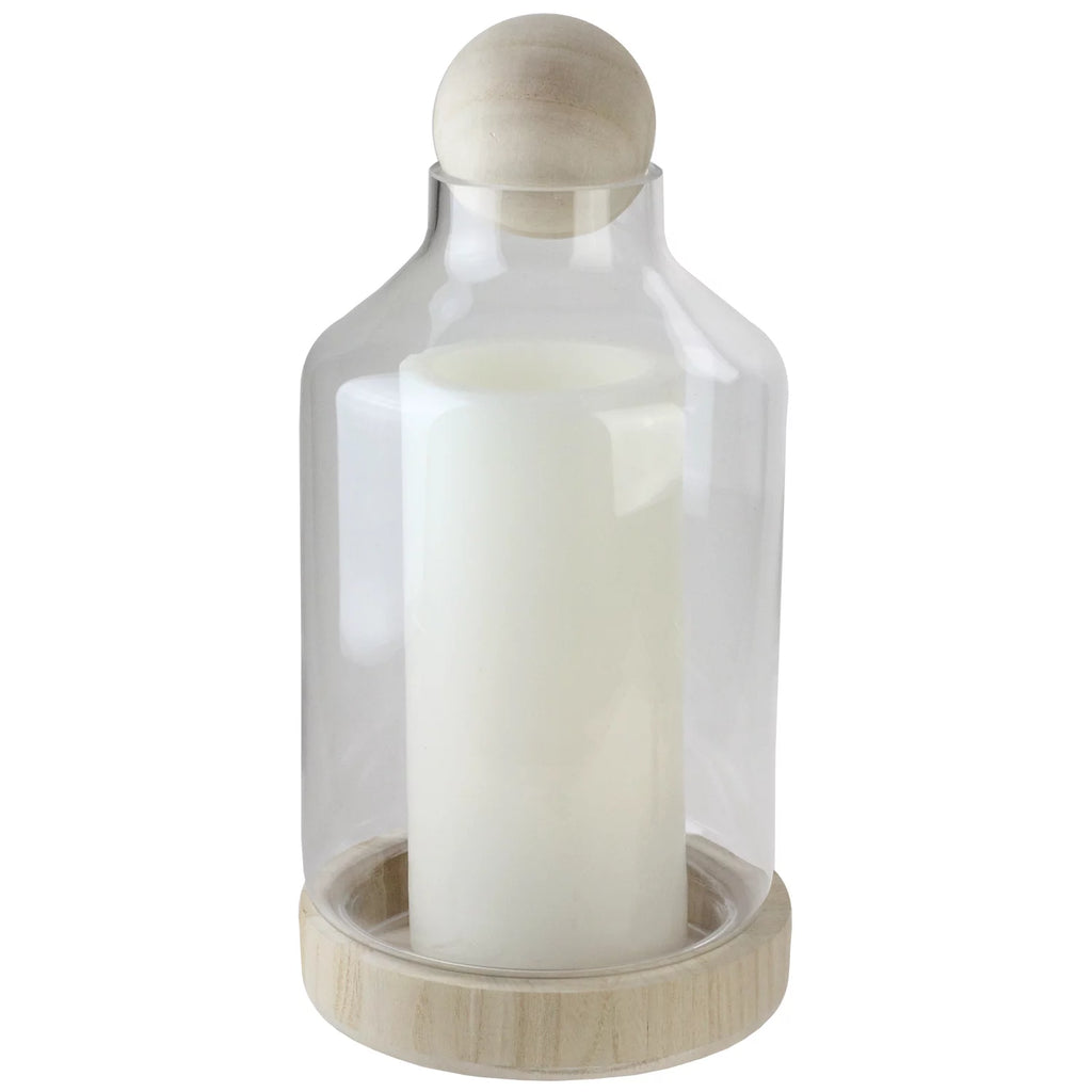 14" Transparent Glass Hurricane with Wooden Lid and Base I1705