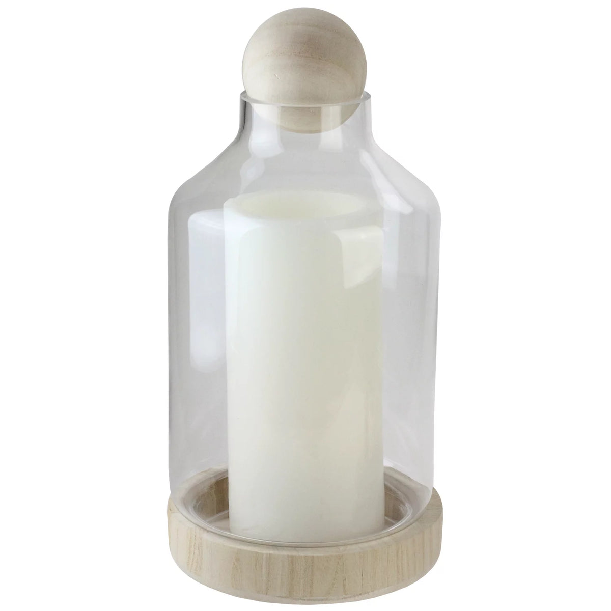 14" Transparent Glass Hurricane with Wooden Lid and Base I1705