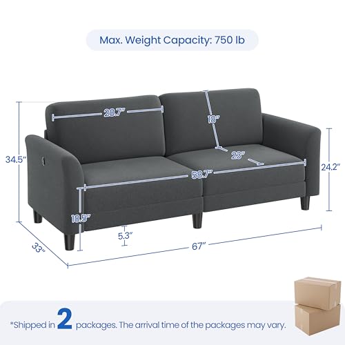 67" Dark Gray Fabric Loveseat Sofa with 2 USB Charger Ports Y93899