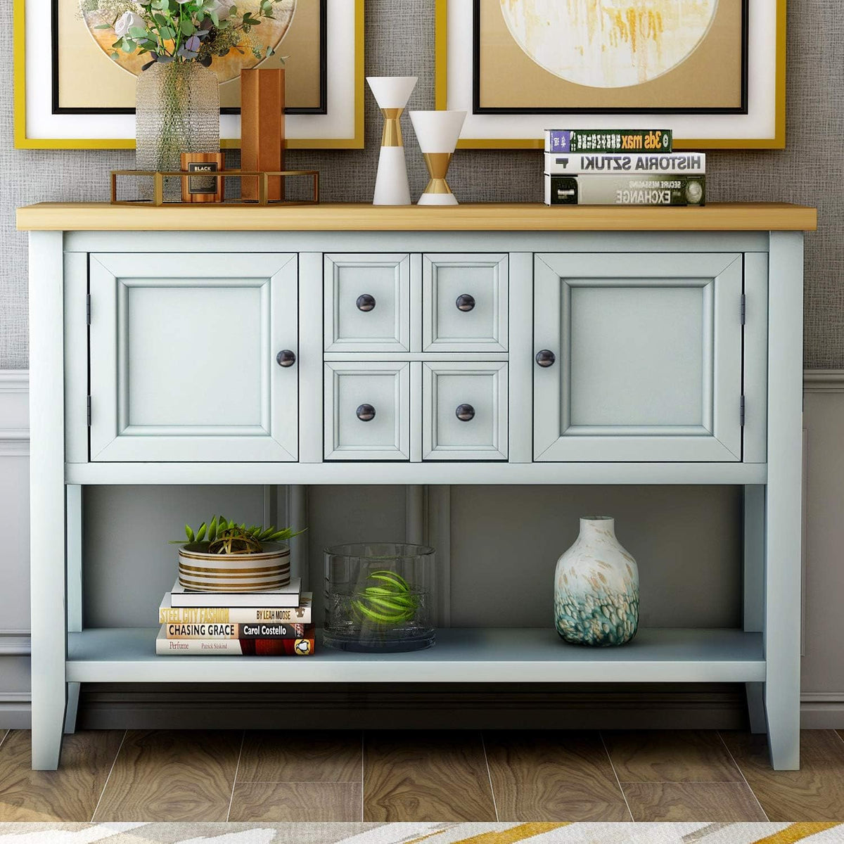 Solid Wood Console Table with 3 Drawers, 2 Cabinet and 1 Shelf F93453