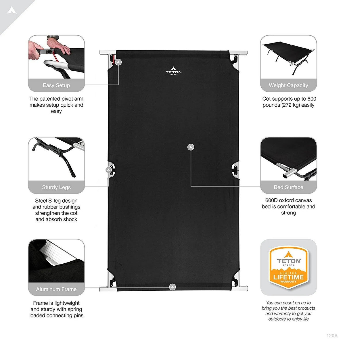 Teton Sports Outfitter XXL Camping Cot with Patented Pivot ARM B362808