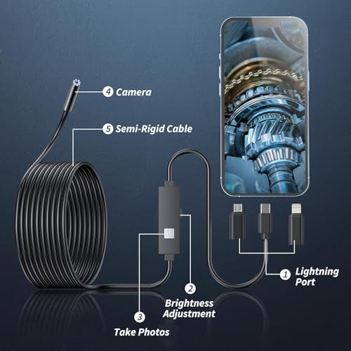 1920P HD Borescope with 8 Adjustable LED Lights, 16.4ft Semi-Rigid Snake Camera V575828