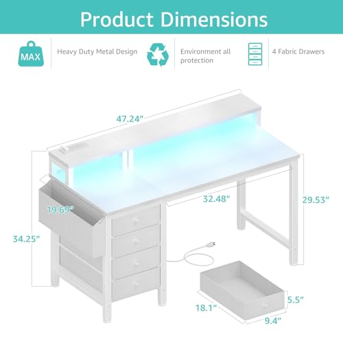 47 inch Gaming Desk with LED Lights and Power Outlets and Fabric Drawers O3340