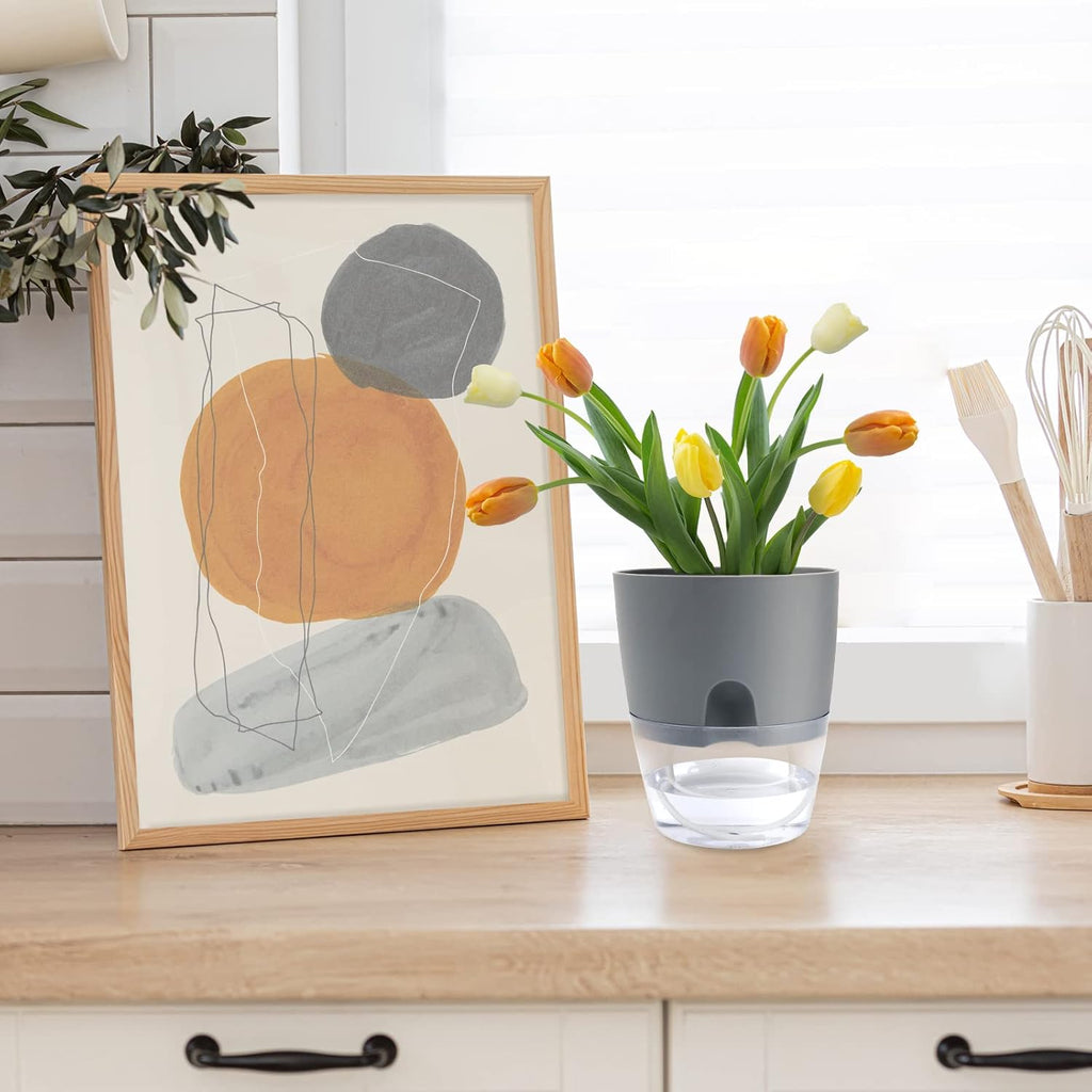 6 Pack Grey Plastic Self Watering Plant Pot Y14090