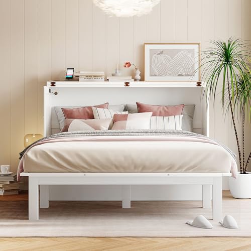 White+Walnut Queen Size Solid Pine Murphy Bed Chest with Storage Drawer M10157
