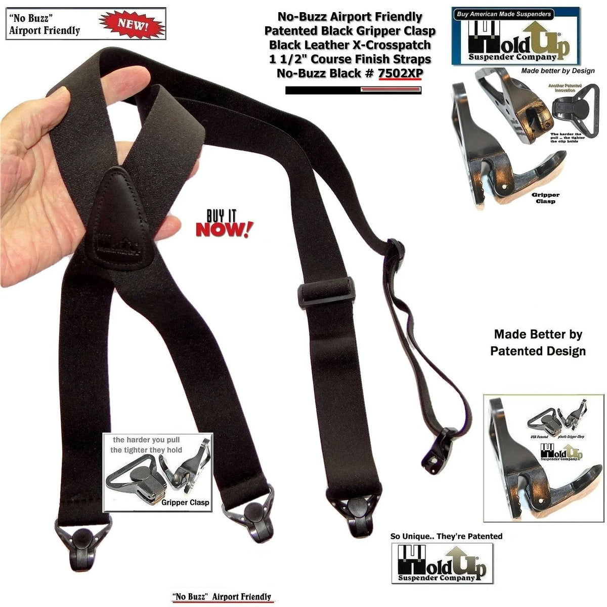 Black X-Back Suspenders with Gripper Clasps U390105